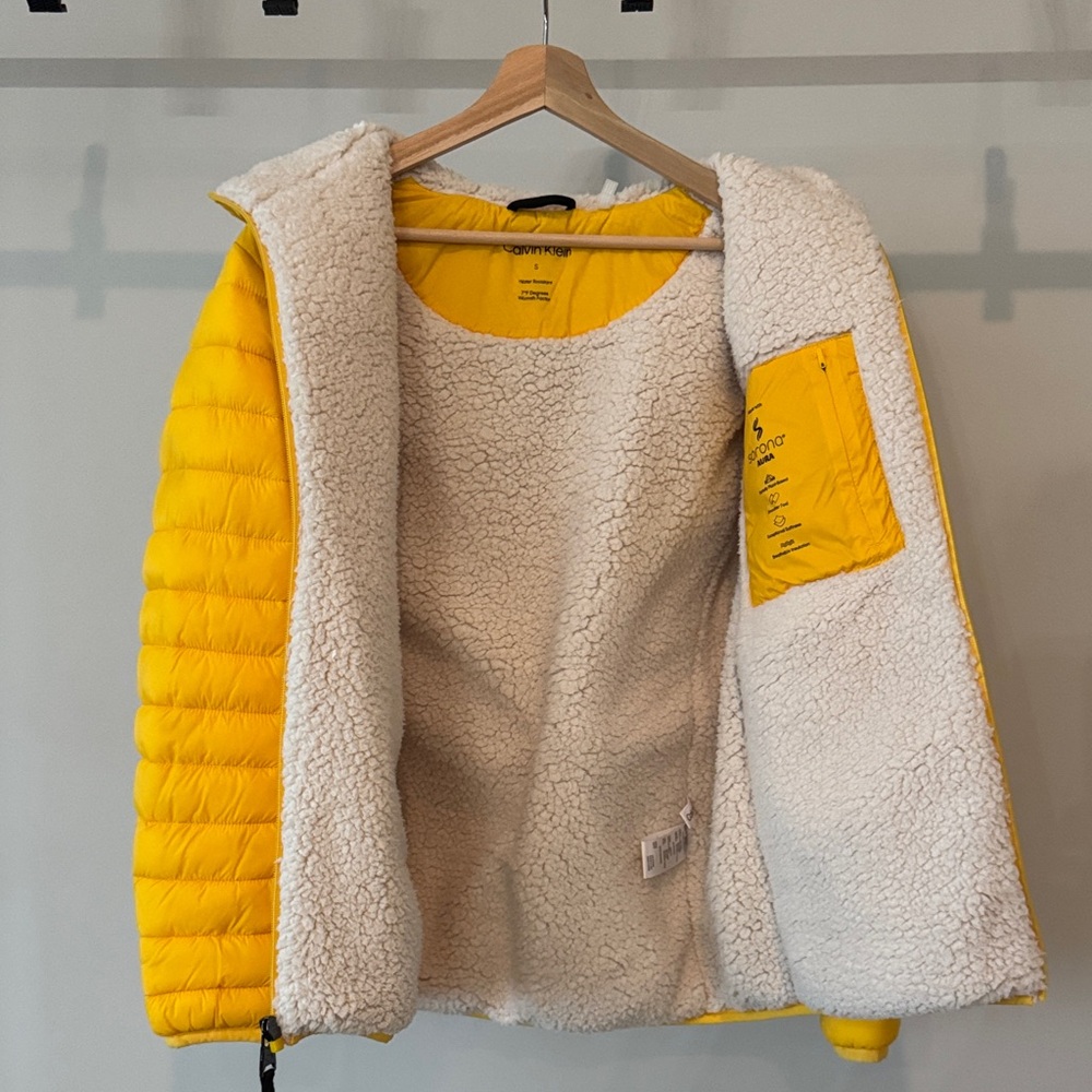 Calvin Klein Bright Yellow Quilted Puffer Jacket with Sherpa Hood - Picture 6 of 9
